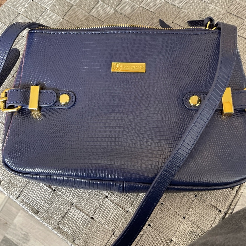 Joy Mangano City Collection Crossbody Leather Crocodile Blue Crossbody W/RFID